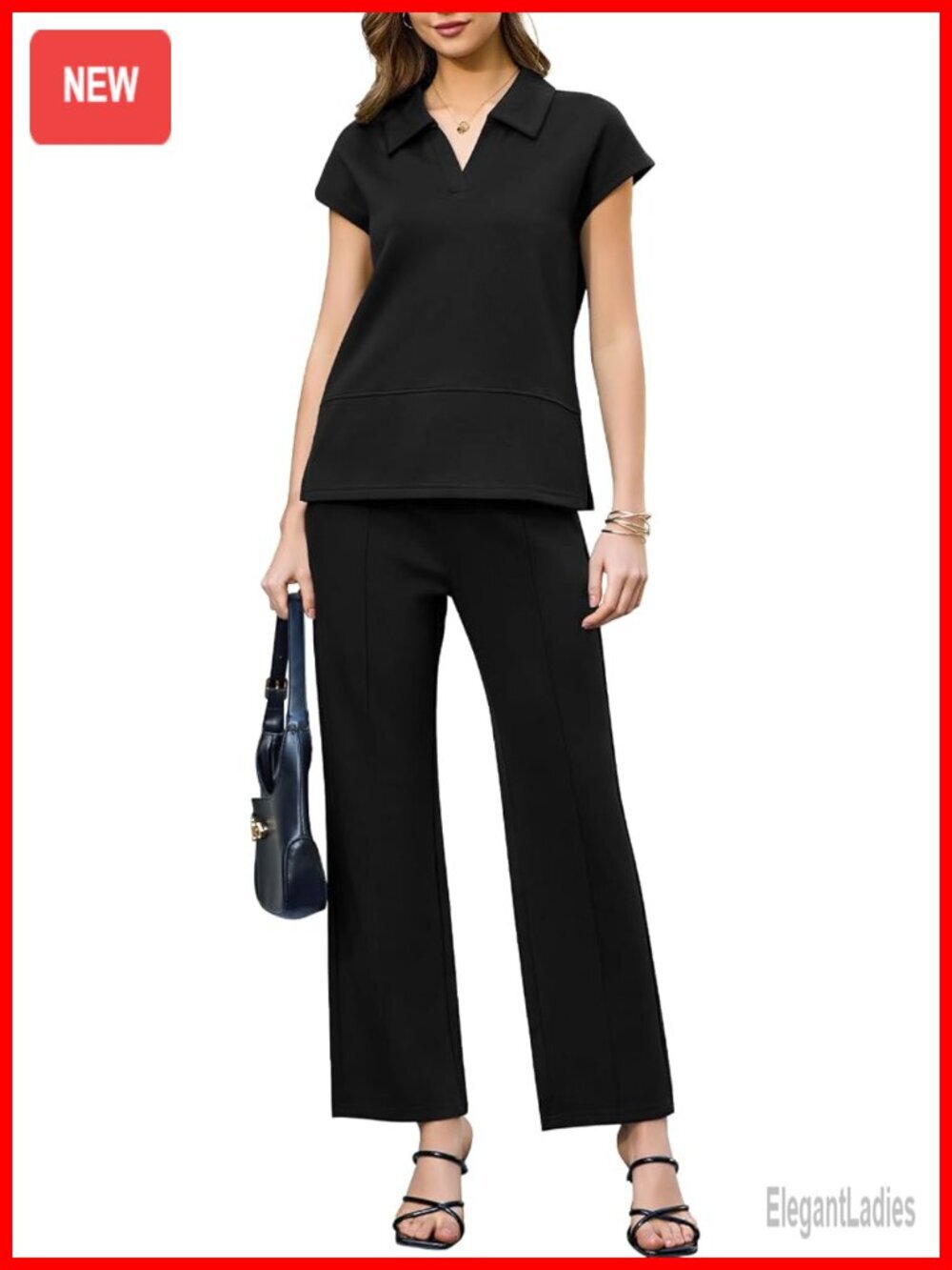 2 Piece Lounge Set - V Neck Polo Top & Wide Leg Pants Tracksuit